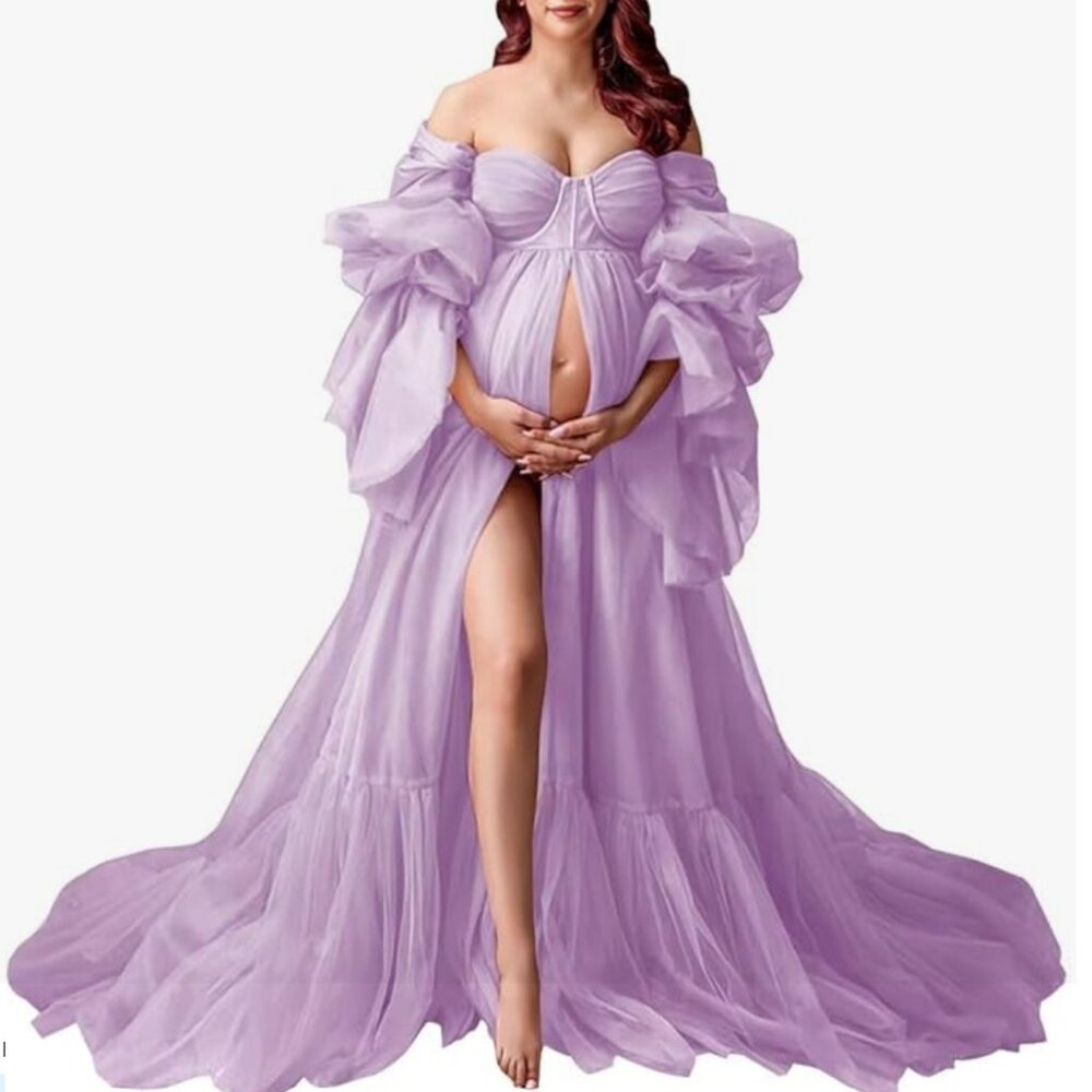 Lilac Puffy Sleeves Maternity Photoshoot Dress